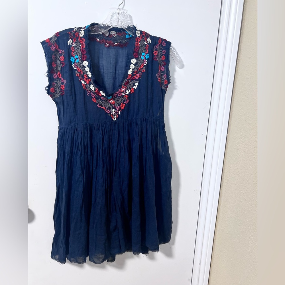 Free People Navy Mini Dress or top with multi colored Embroidery